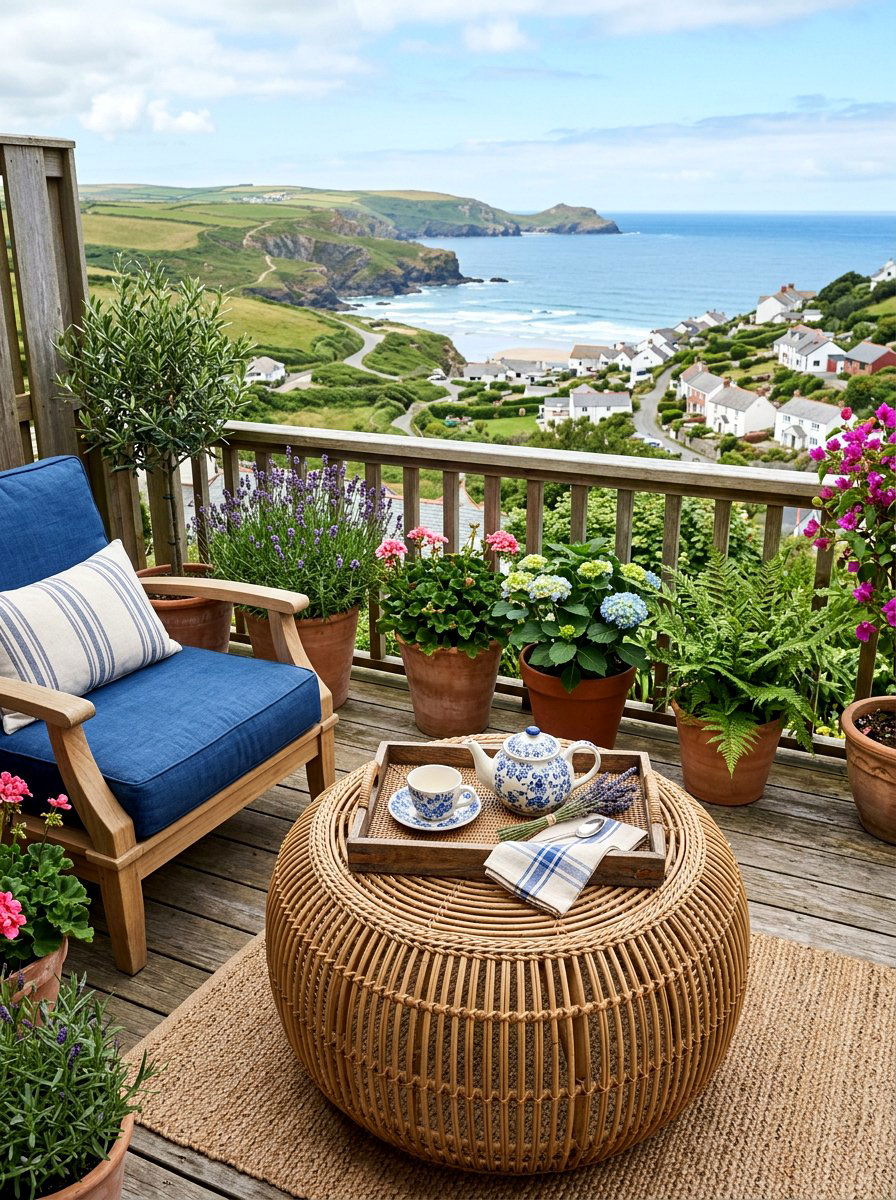 Woven Rattan Ottoman - 25 Spring Balcony Decor Ideas