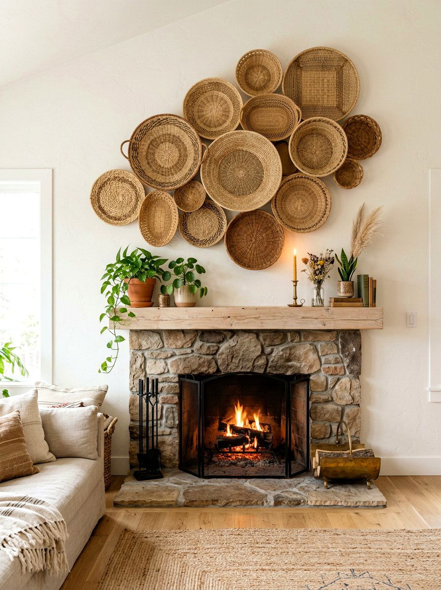 Woven Seagrass Basket Wall - 25 Spring Fireplace Decor Ideas