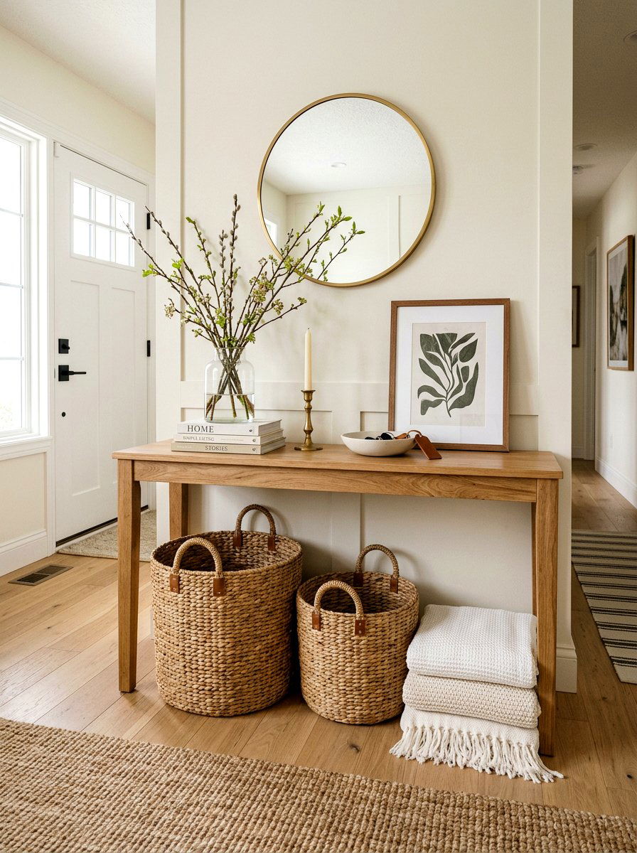 Woven Storage Basket - 25 Spring Sideboard Decor Ideas
