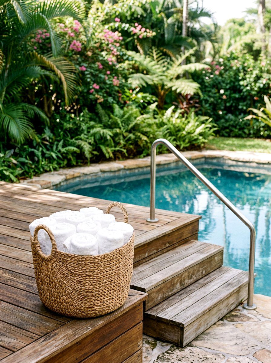 Woven Storage Basket For Towels - 25 Spring Pool Area Decor Ideas