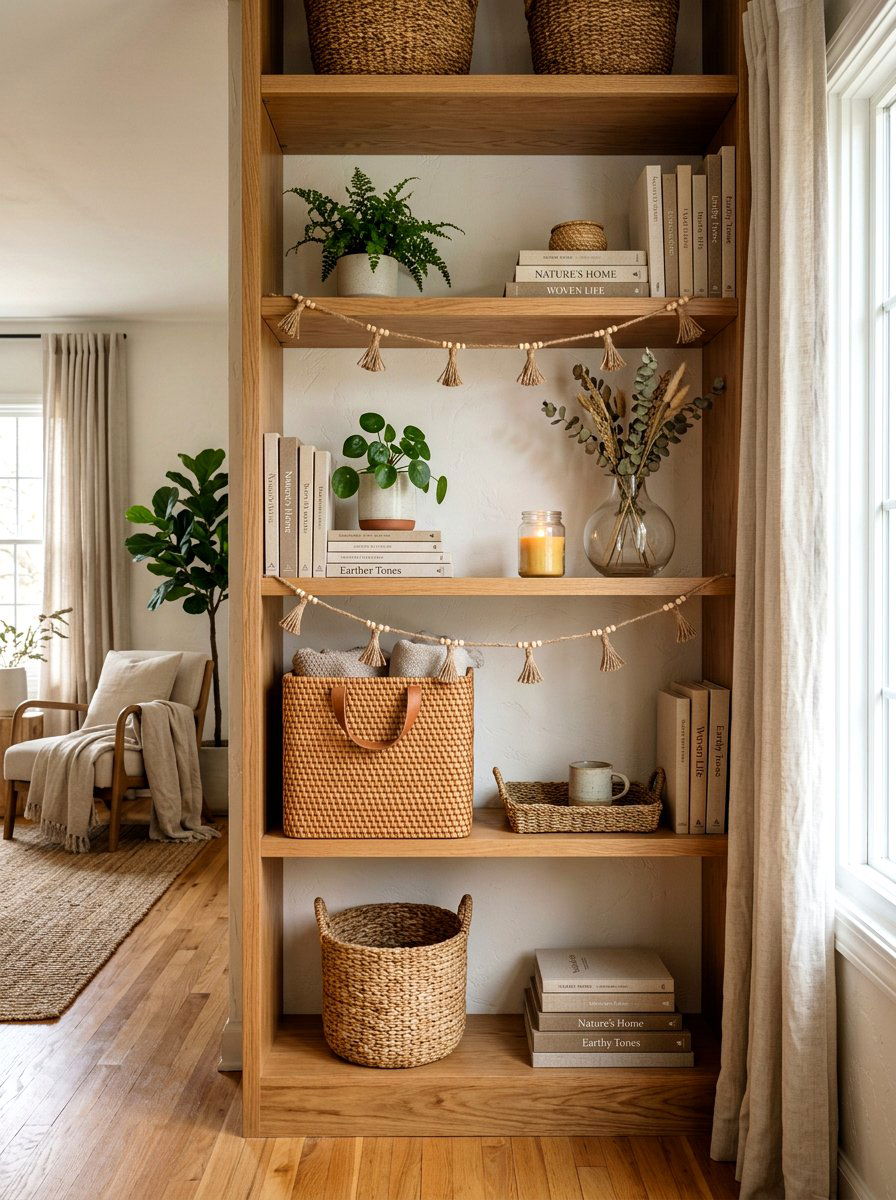 Woven Texture Living Room Shelf - 25 Spring Living Room Shelf Ideas