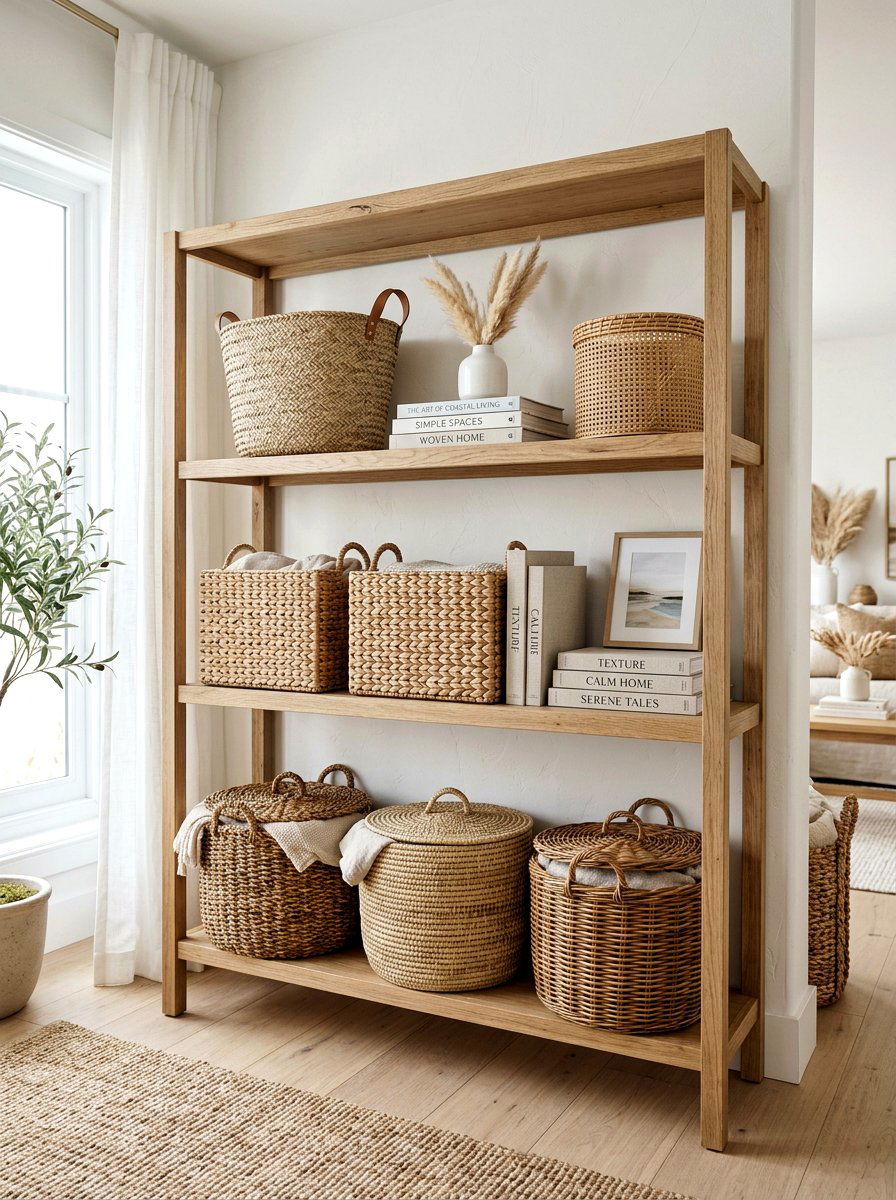 Woven Wicker Basket - 25 Spring Bookshelf Styling Ideas