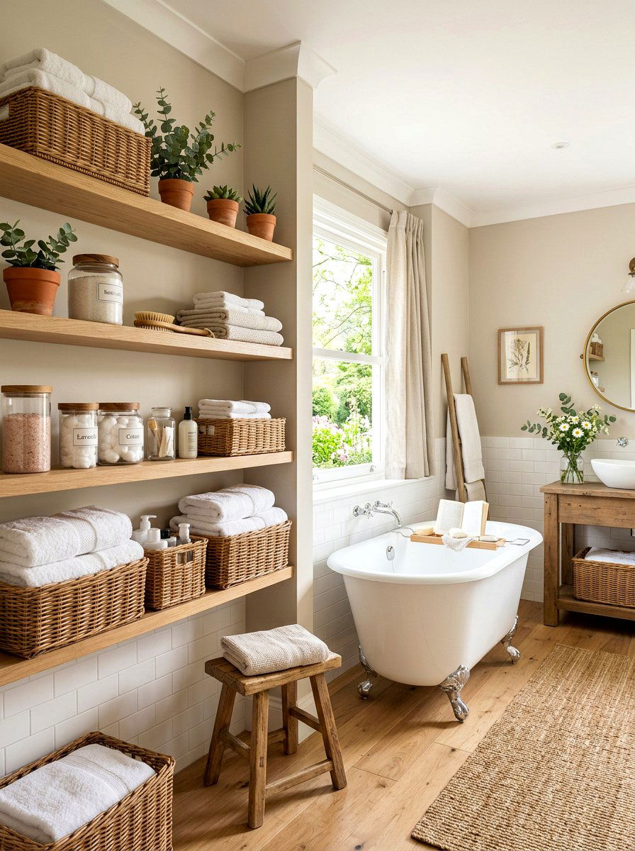 Woven Wicker Storage Baskets - 25 Spring Bathroom Decor Ideas