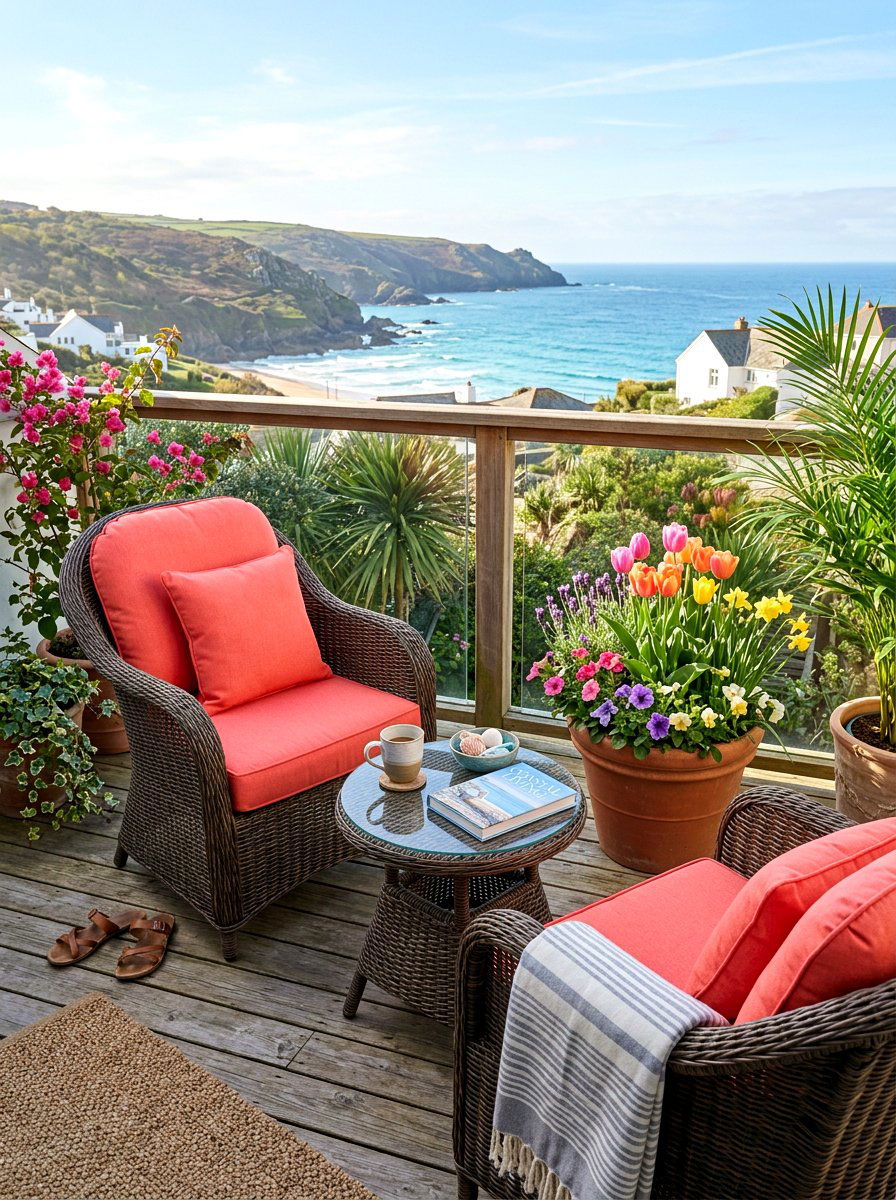 Woven balcony furniture - 25 Spring Vacation Rental Decor Ideas