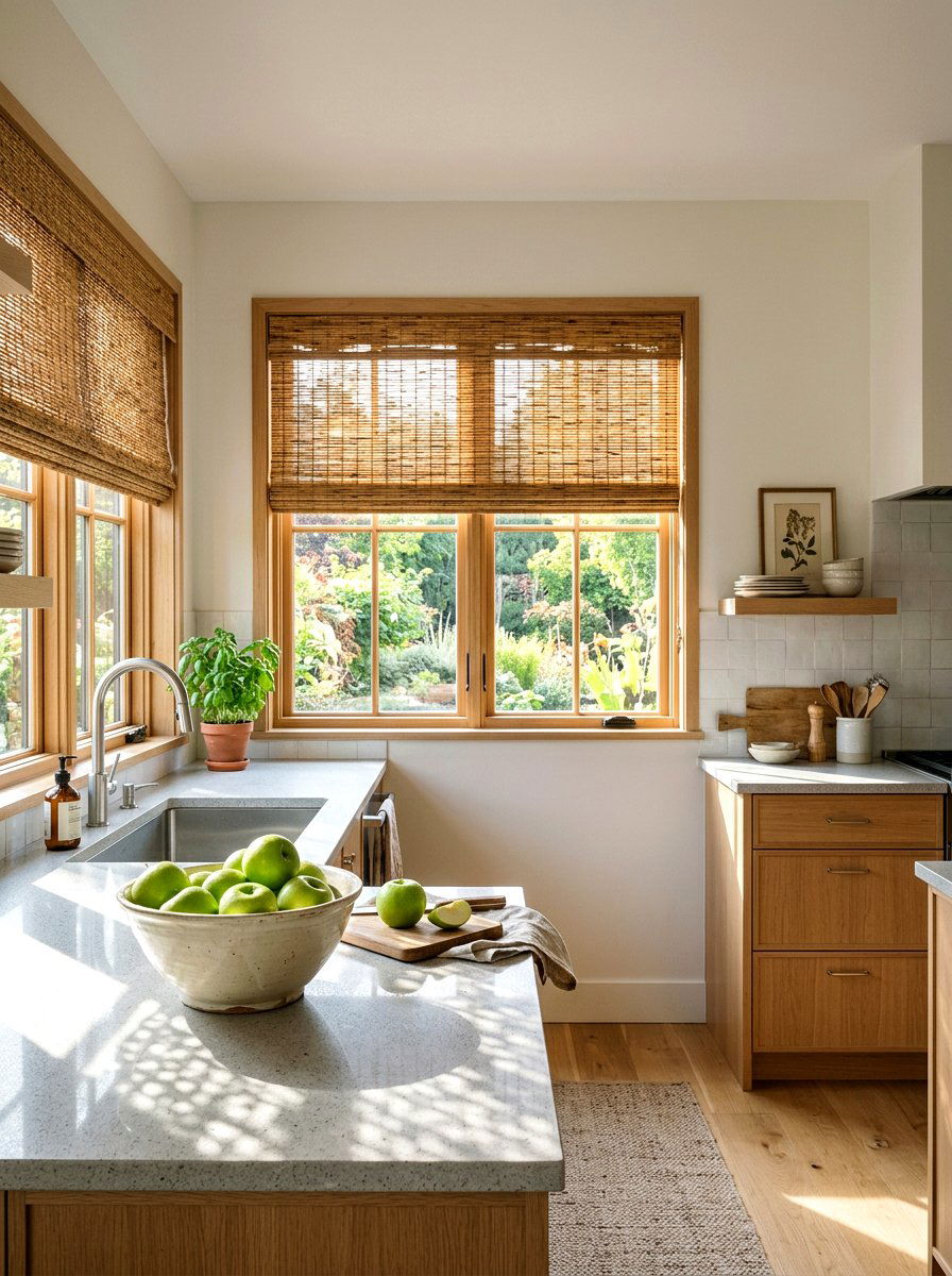 Woven bamboo window shades - 25 Spring Kitchen Window Decor Ideas