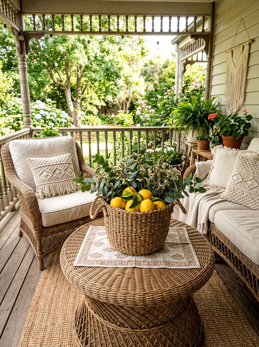 Woven basket centerpiece - 25 Spring Porch Table Decor Ideas
