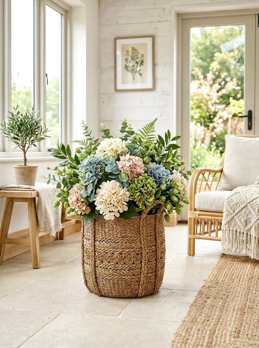 Woven basket flowers - 25 Spring Porch Corner Decor Ideas