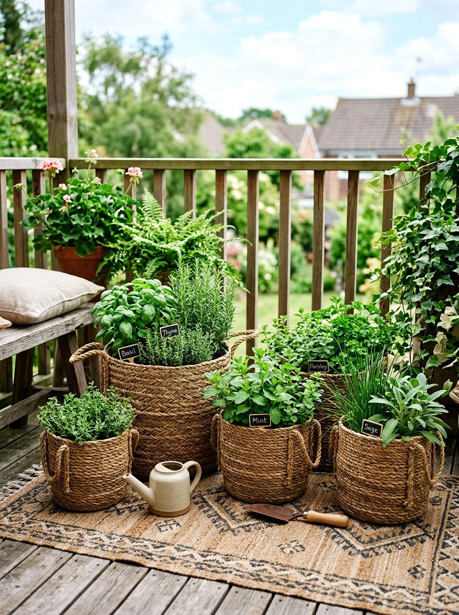 Woven basket herb garden - 25 Spring Balcony Herb Garden Ideas