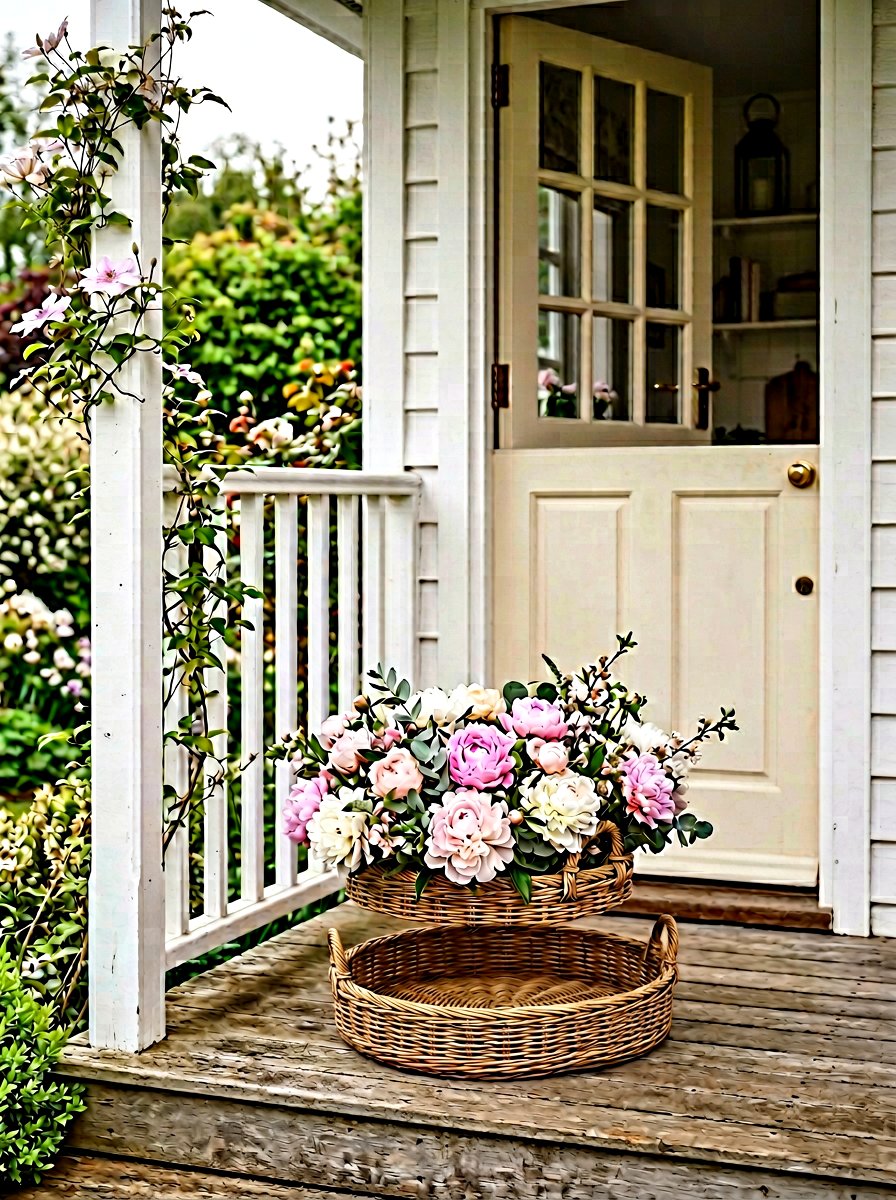 Woven basket with peonies - 25 Spring Dutch Door Decor Ideas