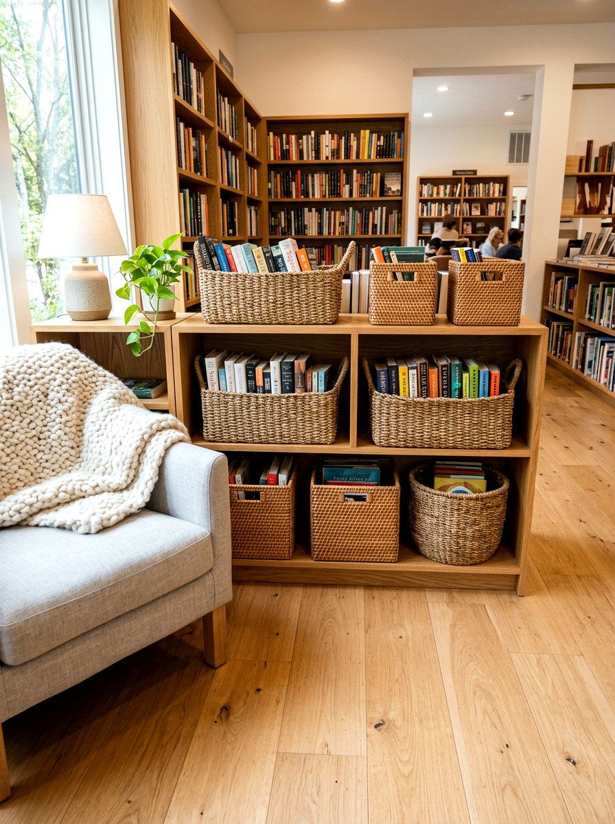 Woven baskets for books - 25 Spring Library Decor Ideas