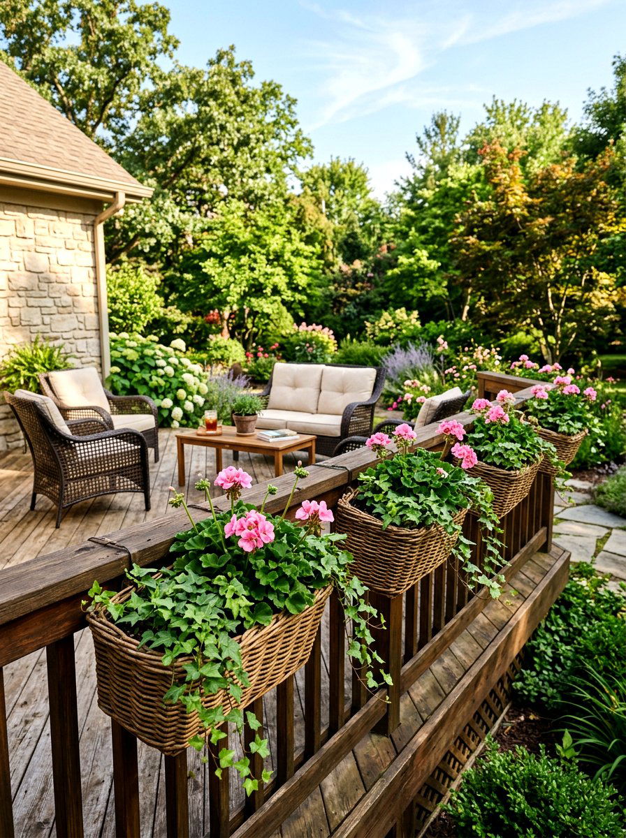 Woven baskets for railing - 25 Spring Porch Railing Decor Ideas