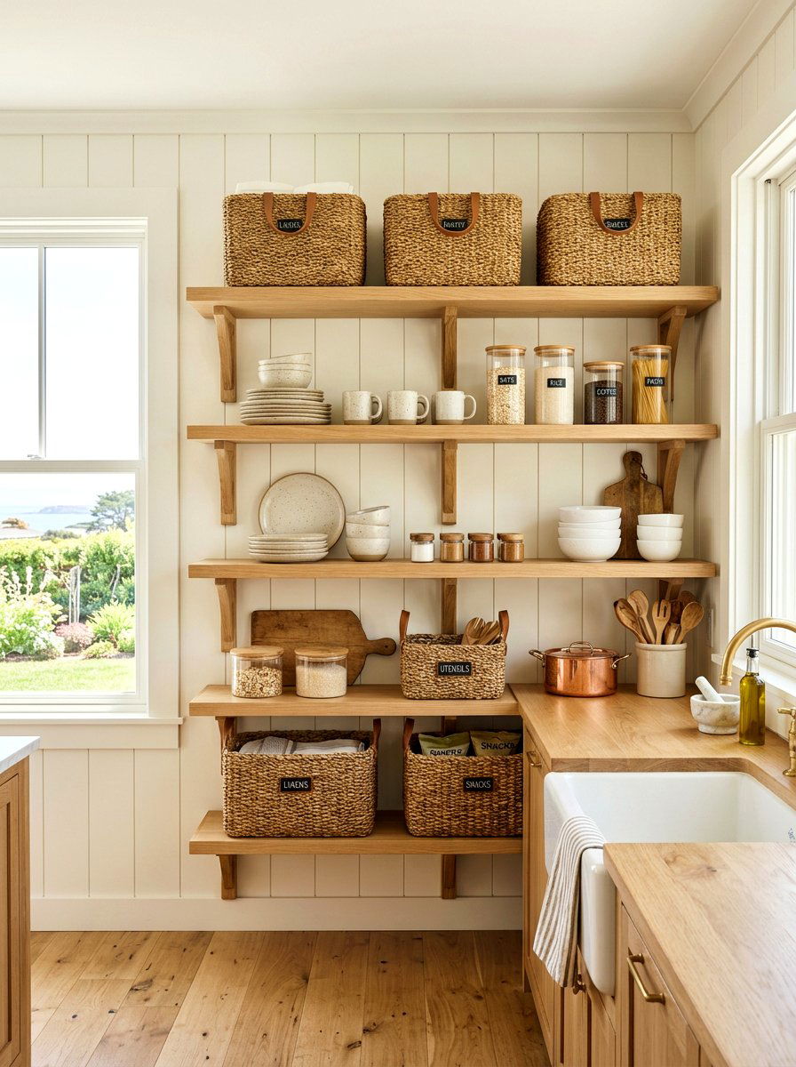 Woven baskets for storage - 25 Spring Kitchen Shelf Decor Ideas