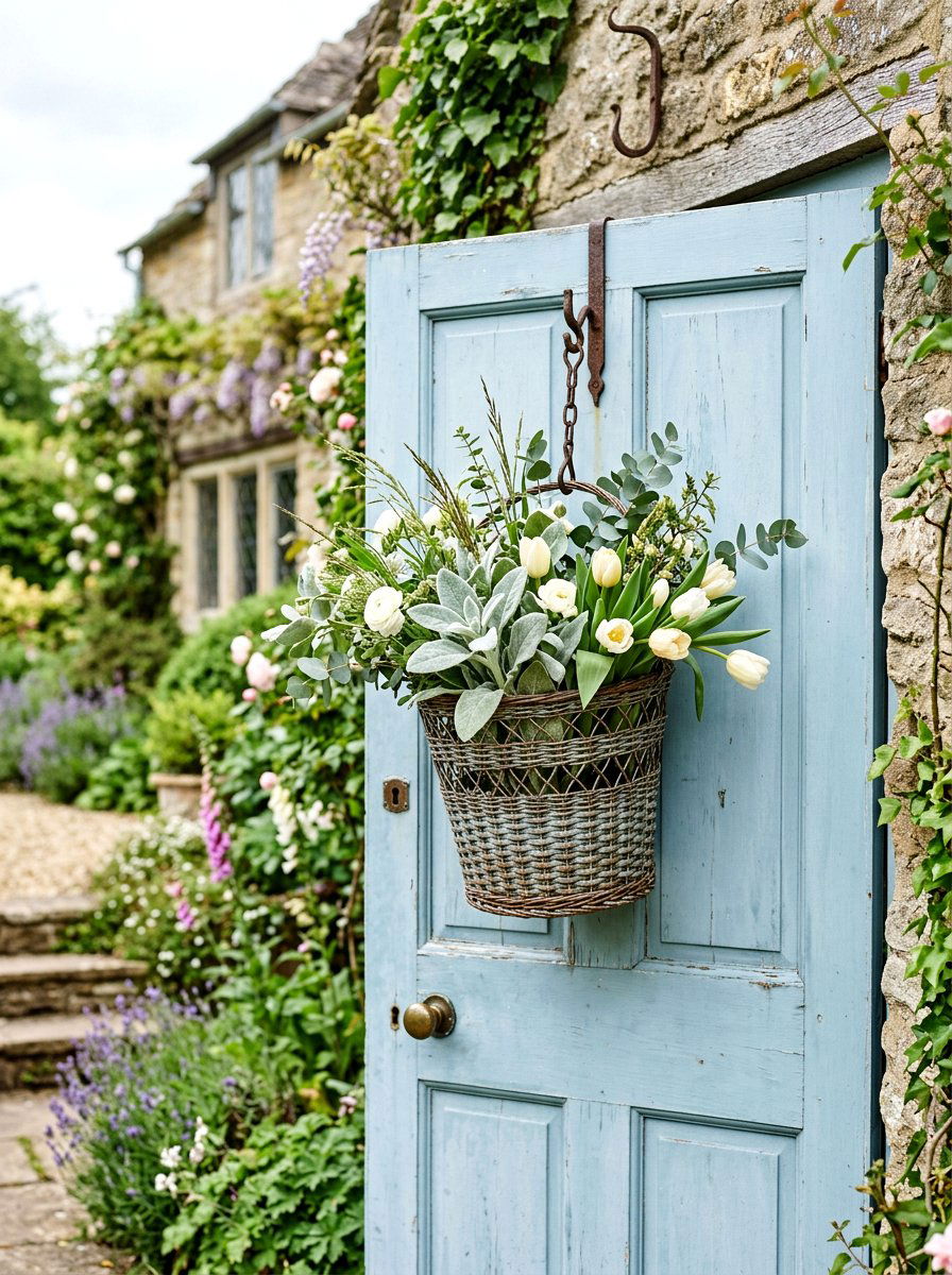 Woven metal bucket for door - 25 Spring Flower Bucket Door Ideas