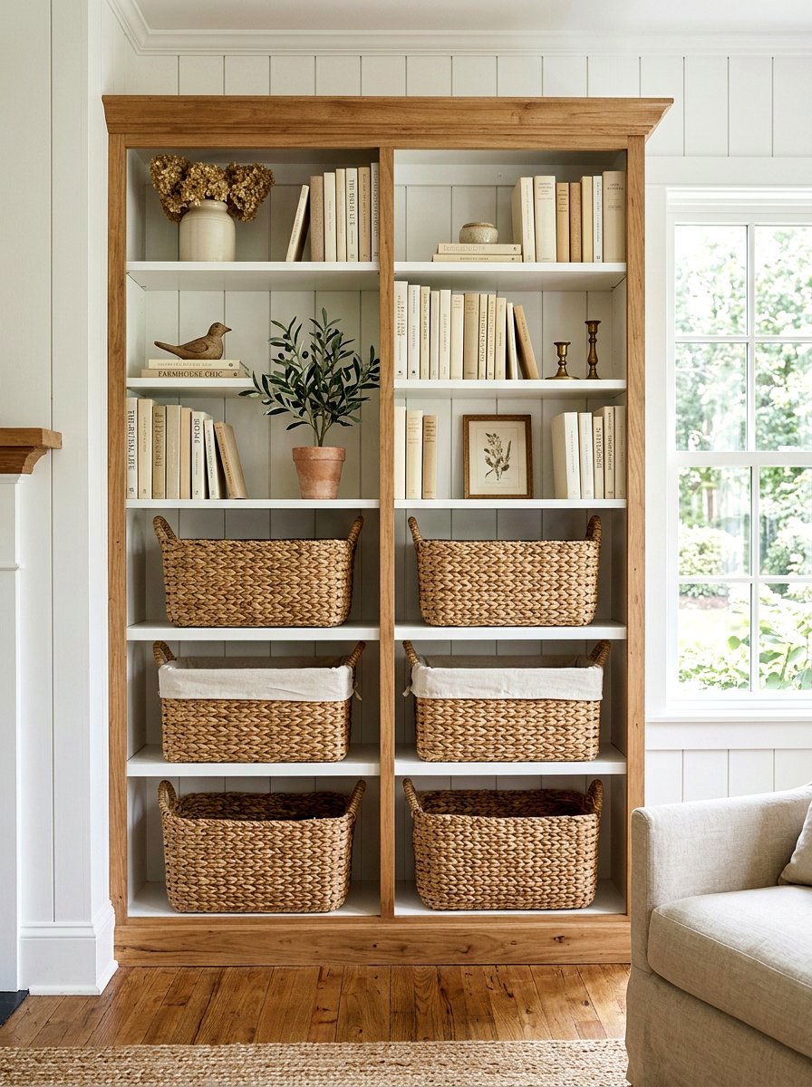 Woven seagrass baskets - 25 Spring Bookshelf Decor Ideas