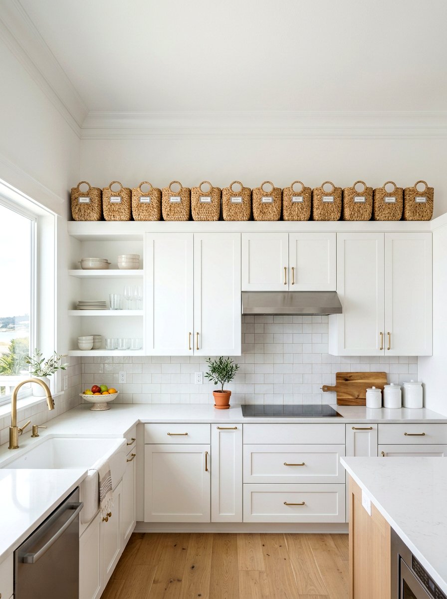 Woven storage bins - 25 Spring Above Cabinet Decor Ideas