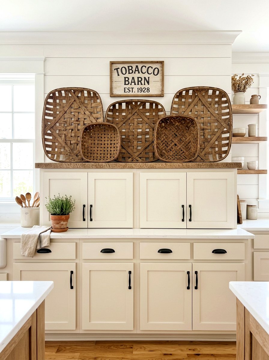 Woven tobacco baskets - 25 Spring Above Cabinet Decor Ideas