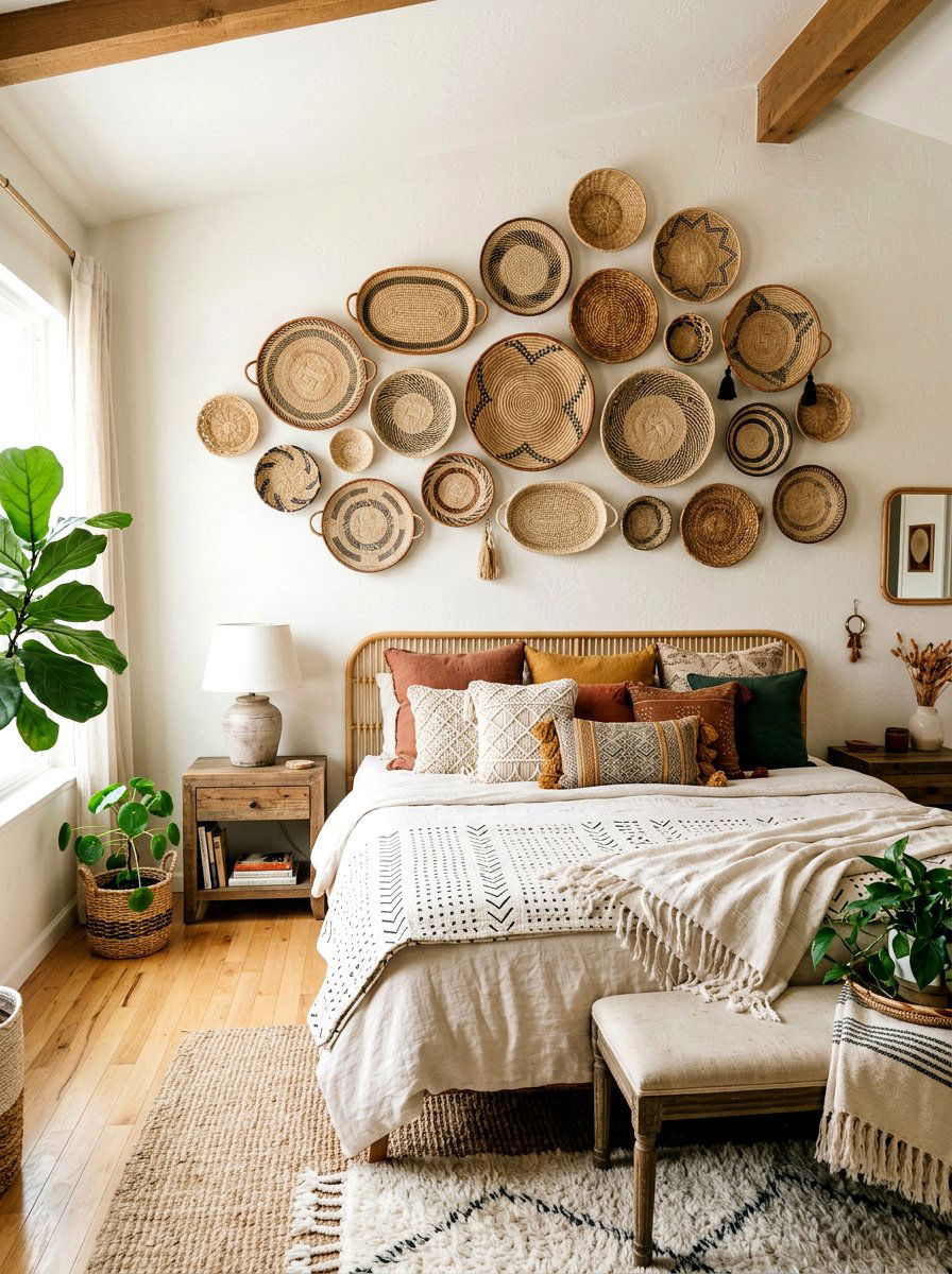 Woven wall baskets - 25 Spring Master Bedroom Decor Ideas
