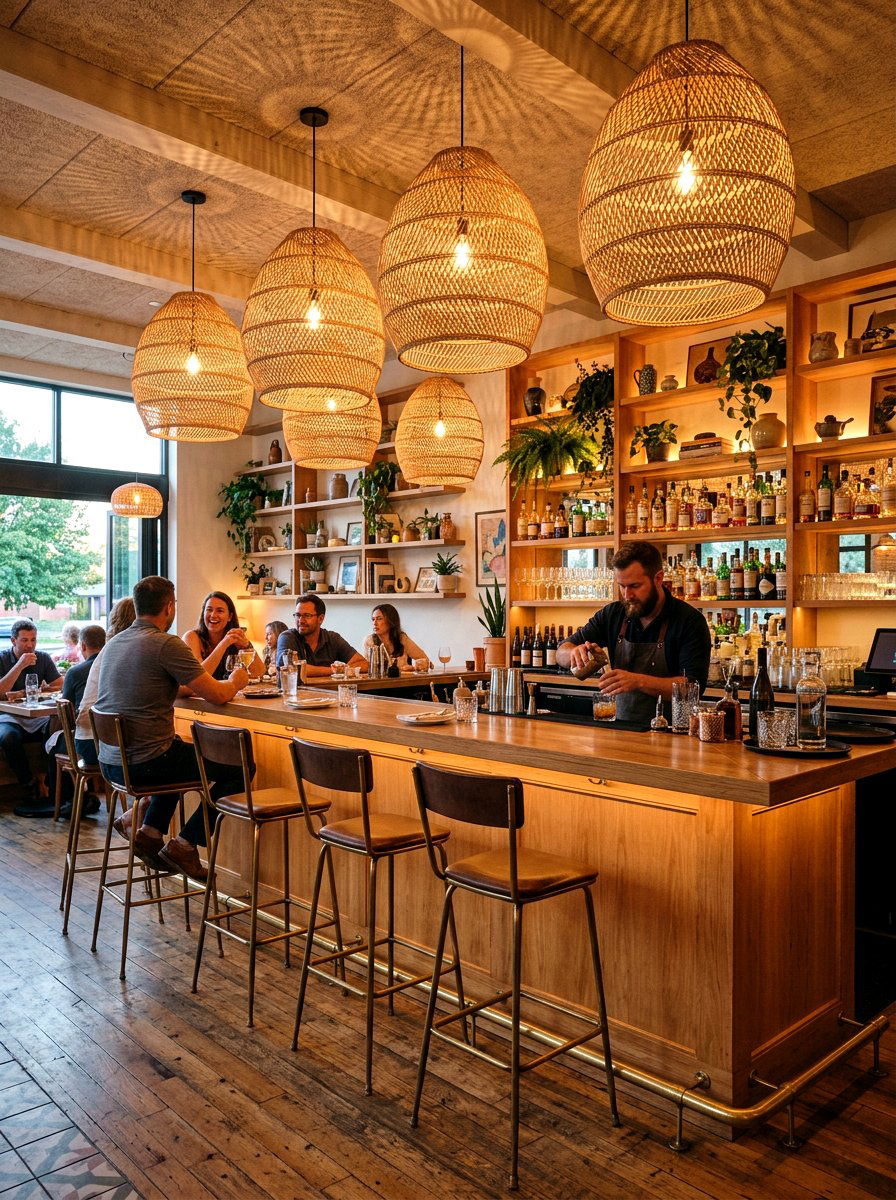 Woven wicker lighting - 25 Spring Restaurant Decor Ideas