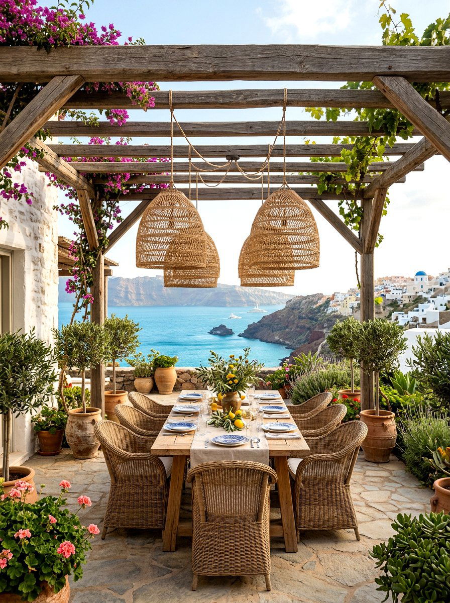 Woven wicker pendants - 25 Spring Pergola Hanging Decor Ideas