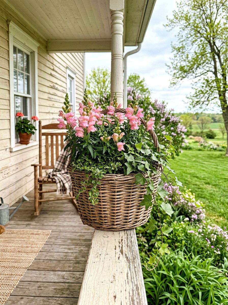 Woven wicker porch basket - 25 Spring Porch Railing Planter Ideas