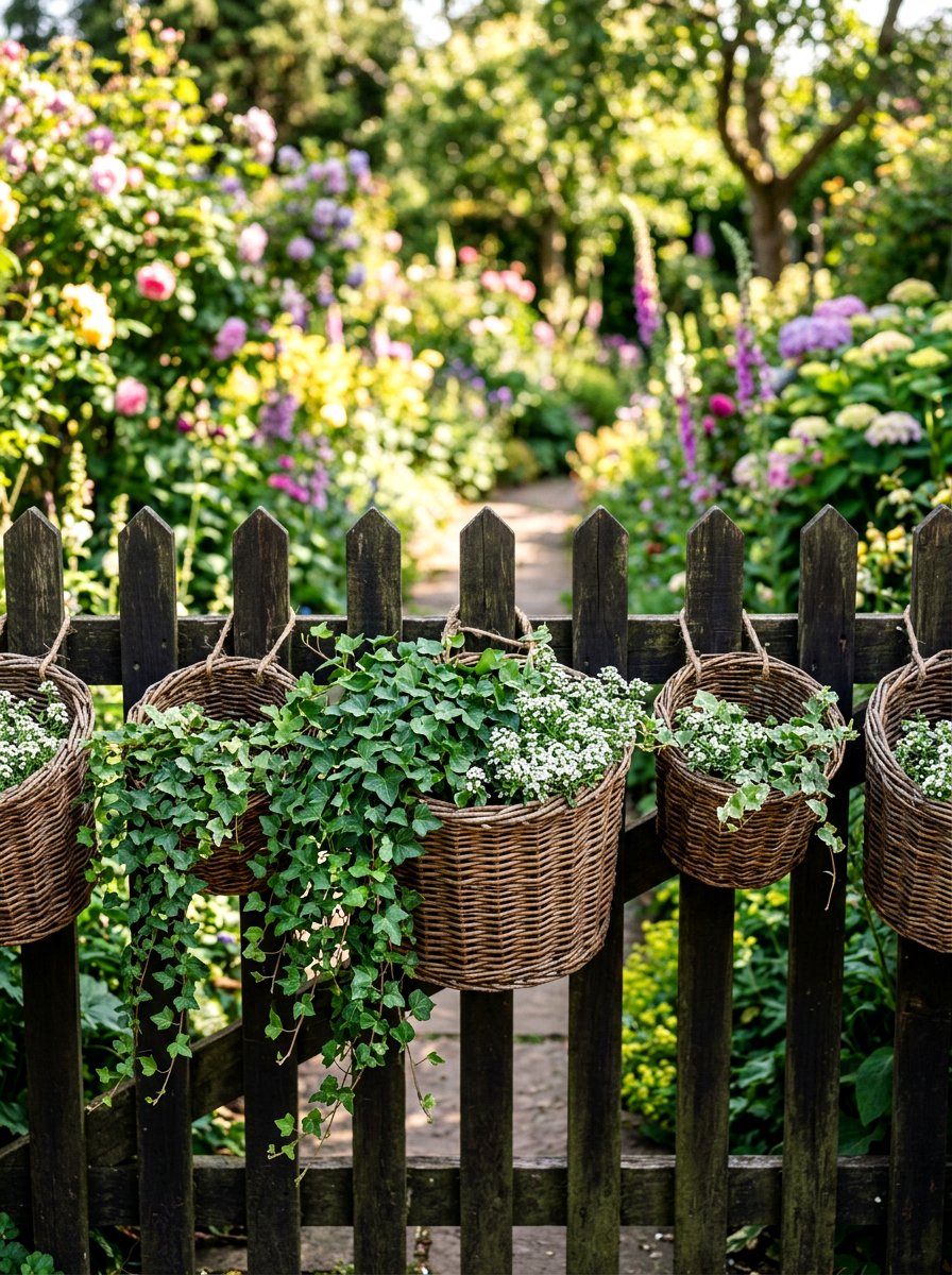 Woven willow fence basket - 25 Spring Picket Fence Planter Ideas