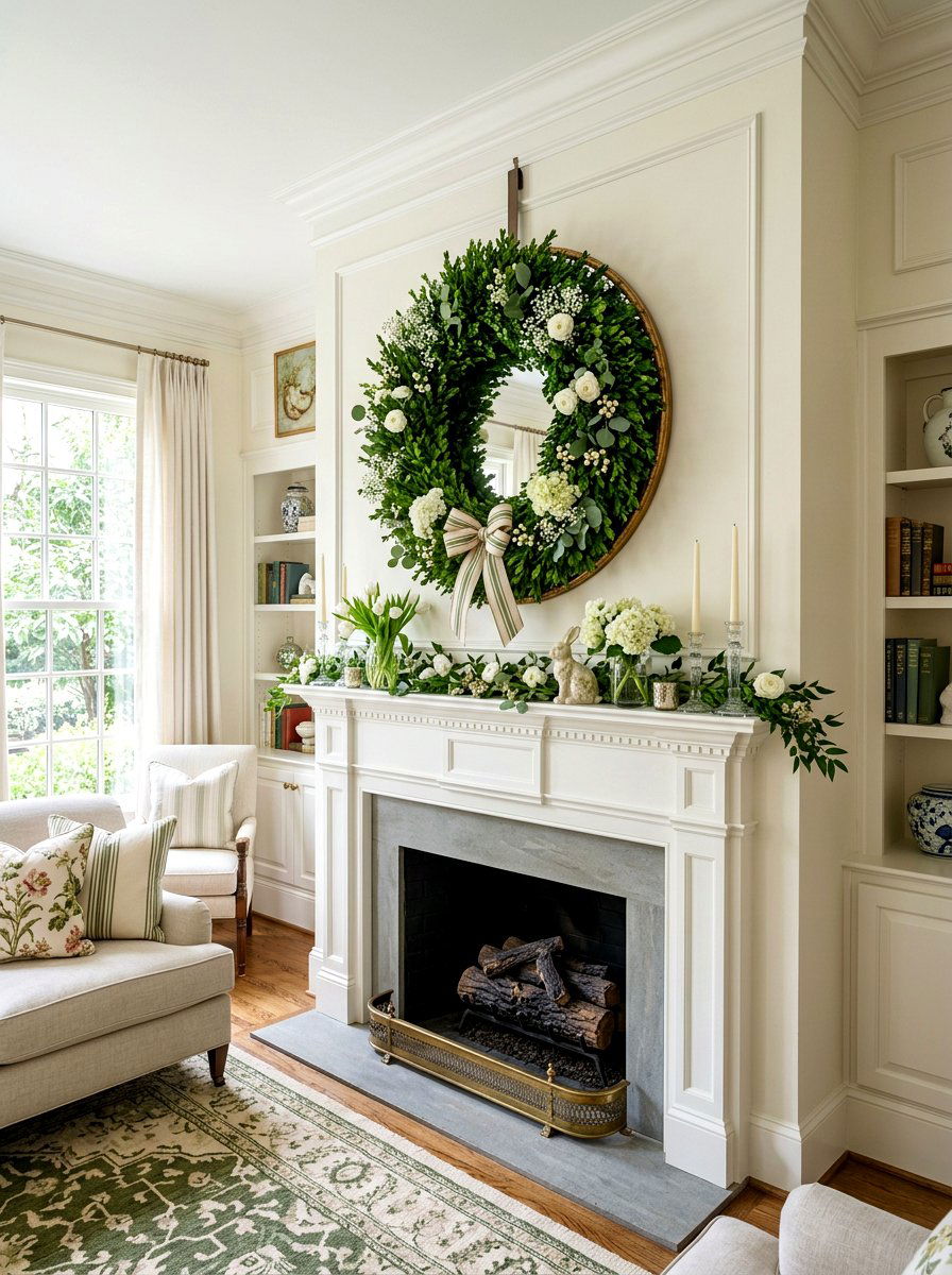 Wreath Spring Mantel - 25 Spring Mantel Styling Ideas