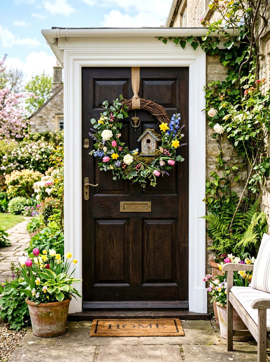 Wreath With Birdhouse - 25 Spring Birdhouse Decor Ideas