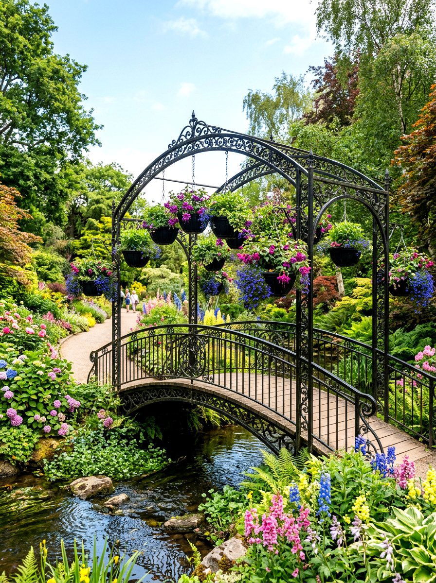 Wrought Iron Bridge Hanging Baskets - 25 Spring Garden Bridge Decor Ideas