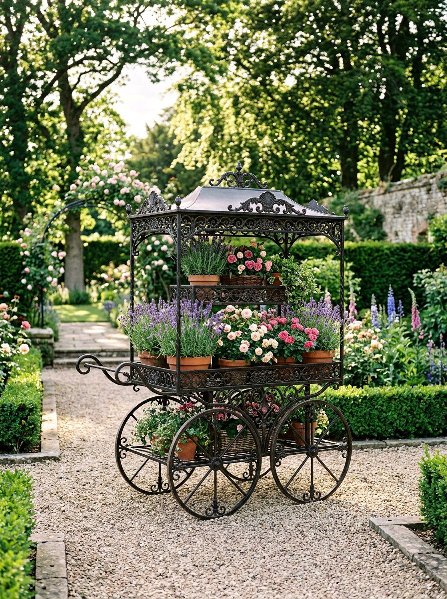 Wrought Iron Flower Stand Wagon - 25 Spring Garden Cart Display Ideas