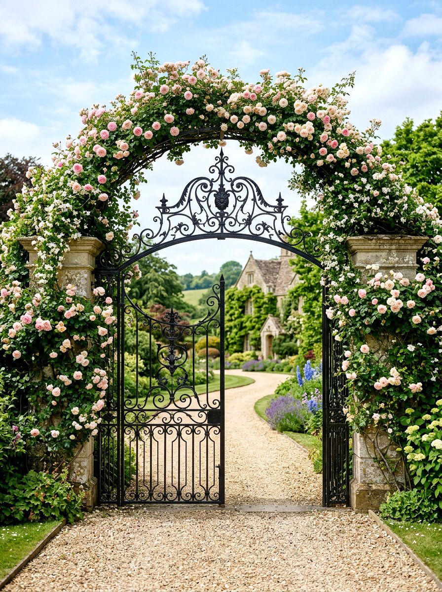 Wrought Iron Gate With Floral Arch - 25 Spring Driveway Gate Ideas