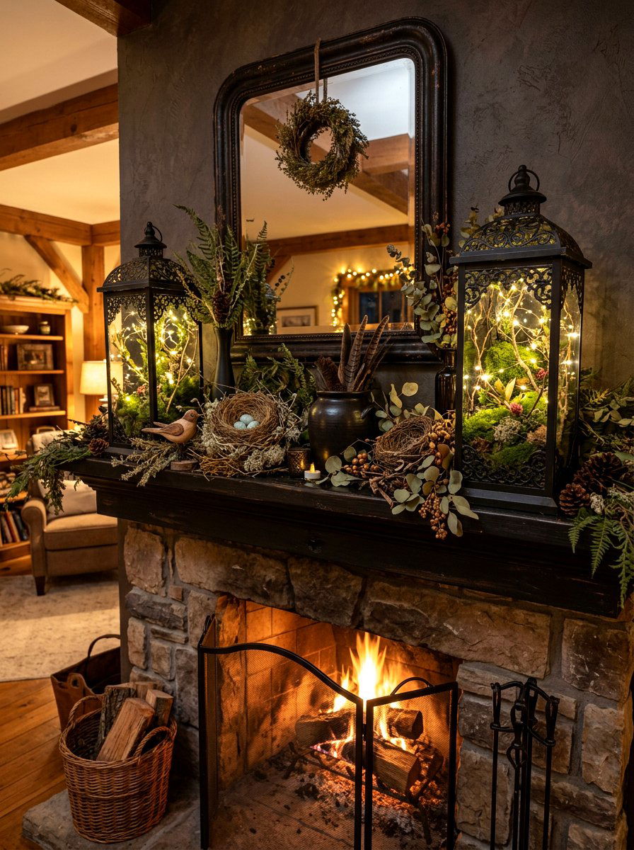 Wrought Iron Lanterns Moss - 25 Spring Mantel Vignette Ideas
