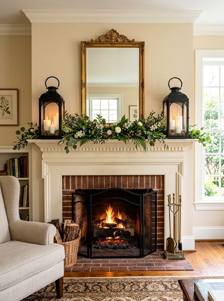 Wrought Iron Lanterns - 25 Spring Living Room Mantel Ideas