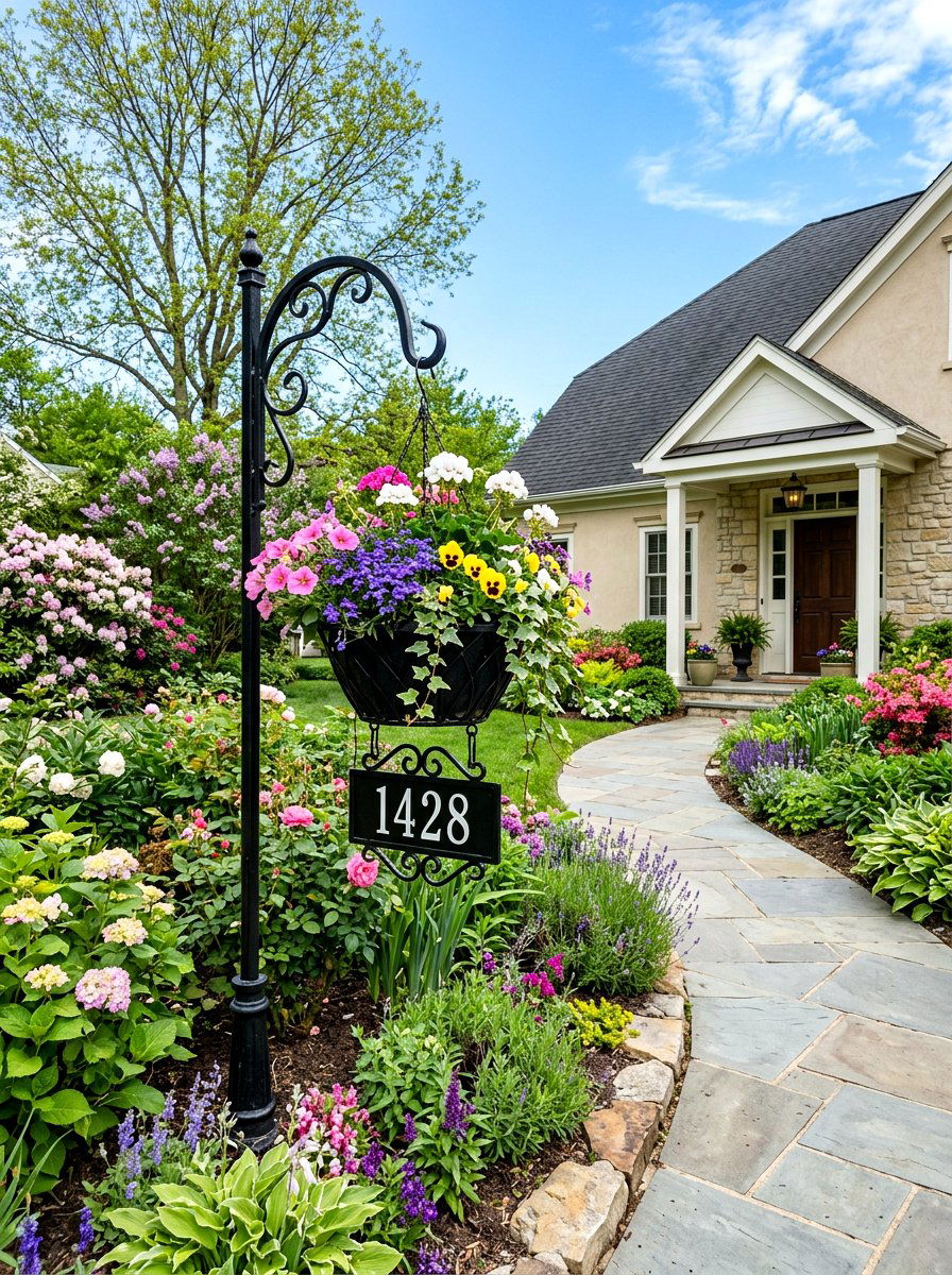 Wrought Iron Shepherd Hook Address Sign - 25 Spring Address Planter Ideas