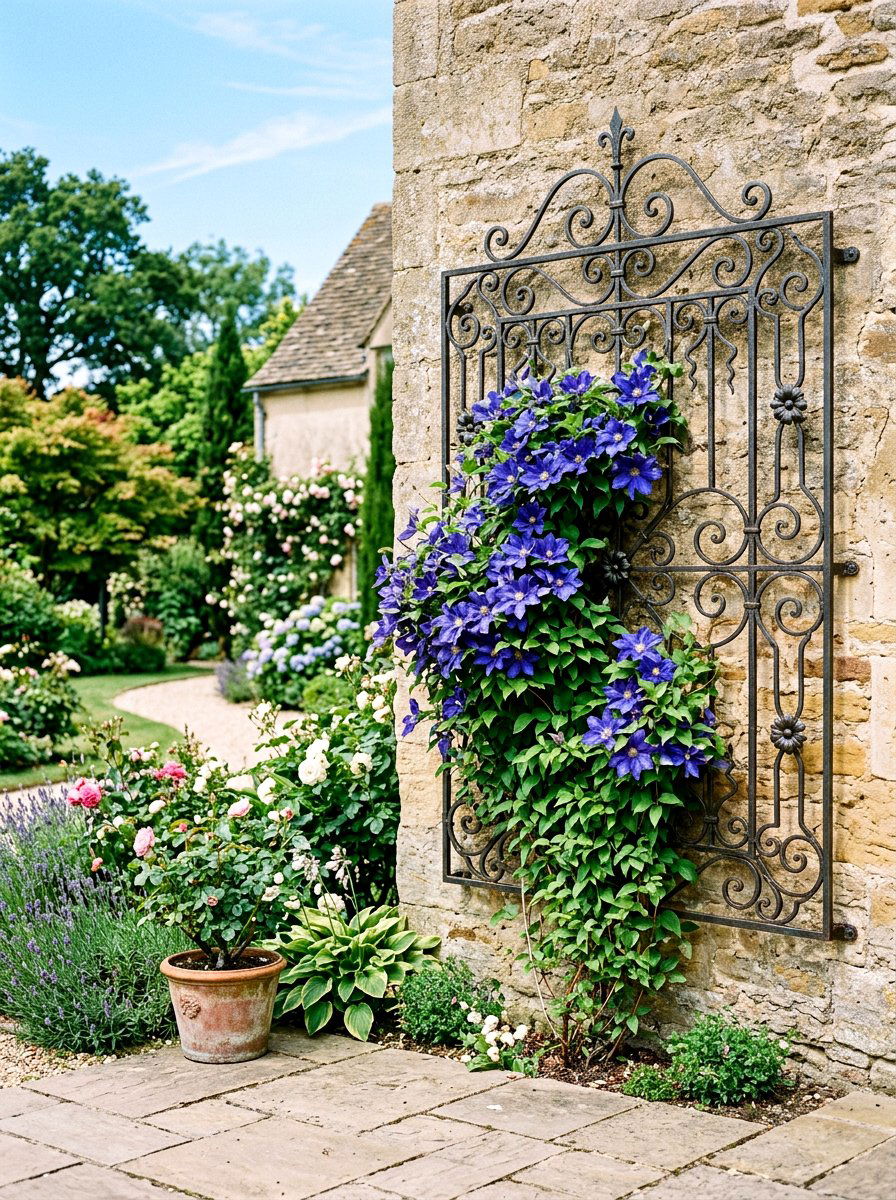 Wrought Iron Wall Grid - 25 Spring Clematis Trellis Ideas