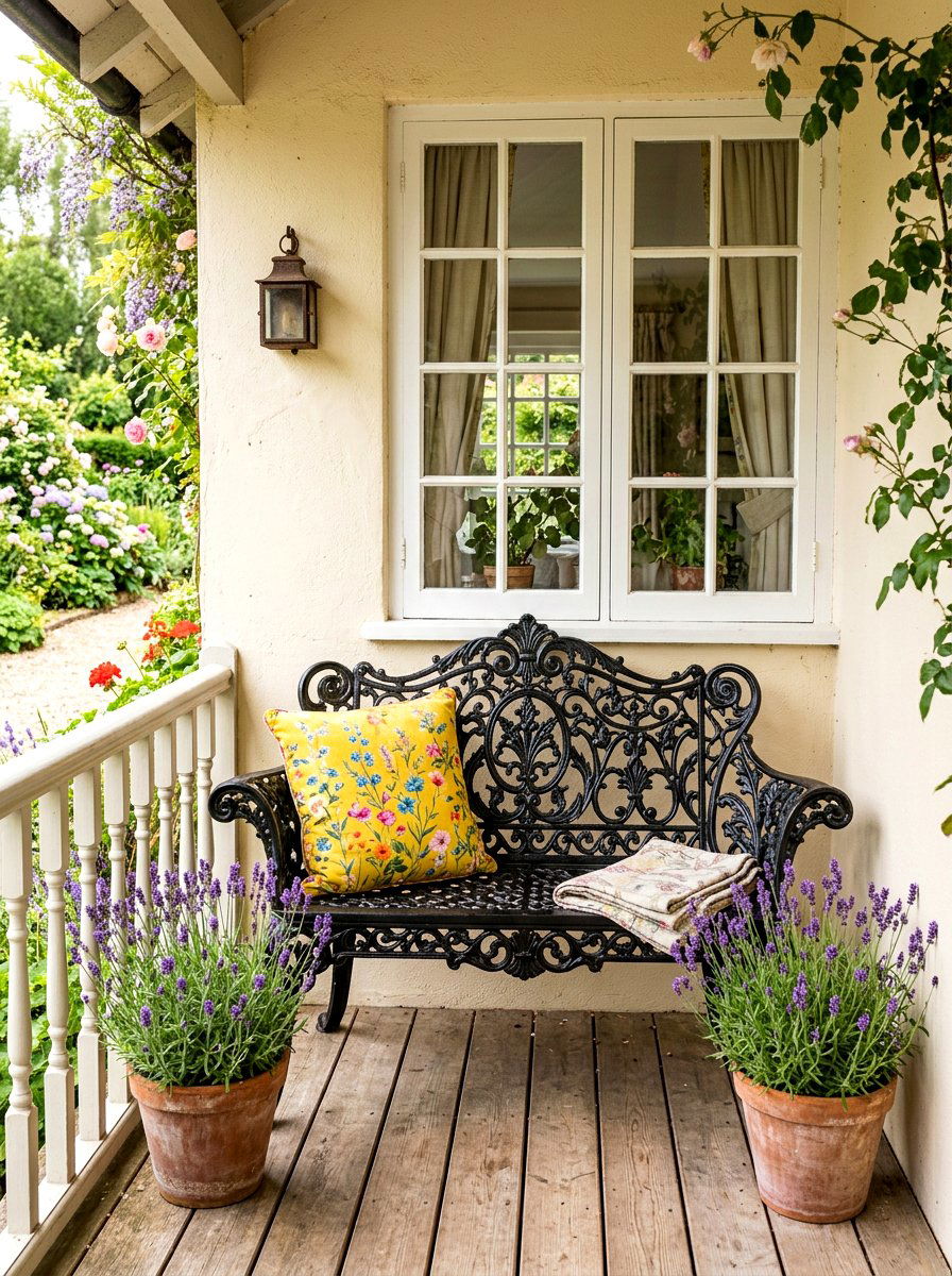 Wrought iron bench - 25 Spring Front Yard Decor Ideas