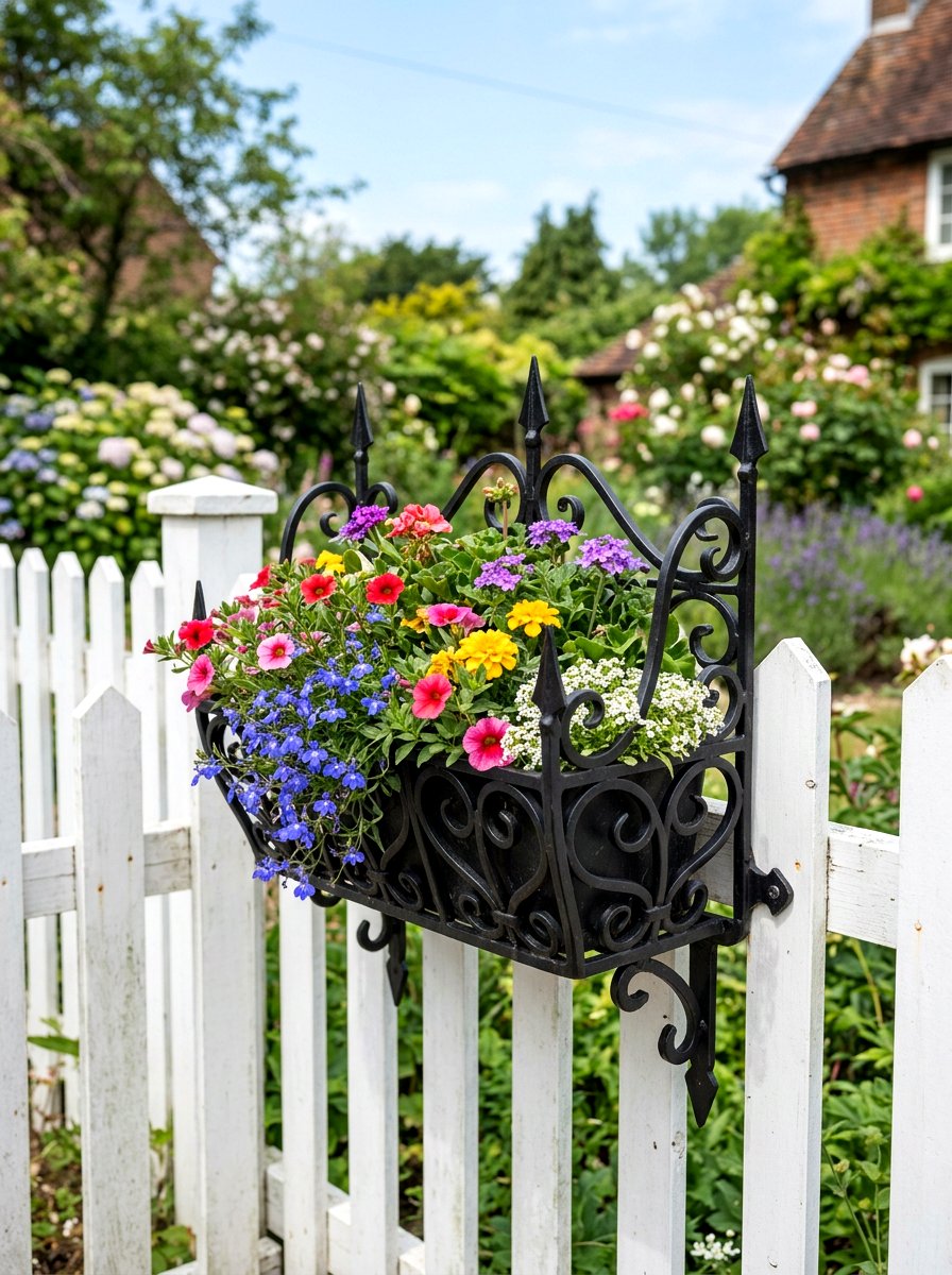 Wrought iron fence basket - 25 Spring Picket Fence Planter Ideas