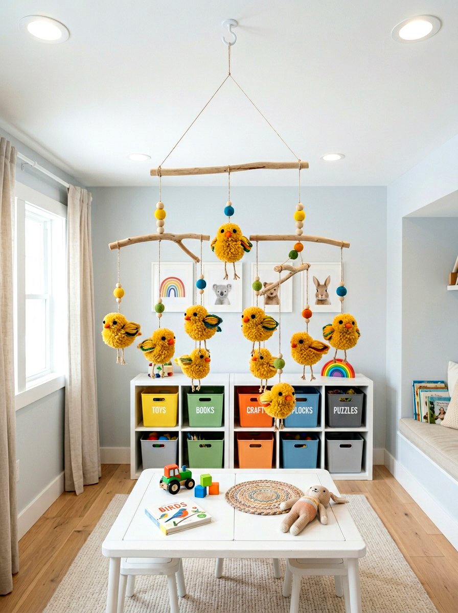 Yarn Pom Pom Bird - 25 Spring Bird Mobile Ideas