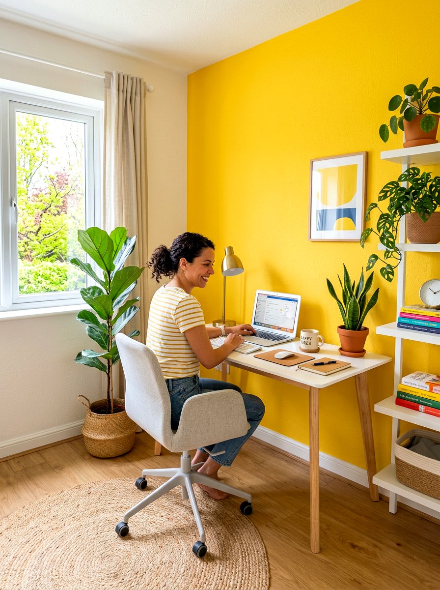 Yellow Accent Wall - 25 Spring Home Office Decor Ideas