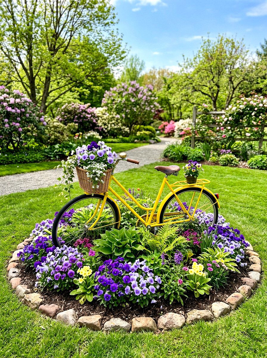 Yellow Bicycle Garden Focal Point - 25 Spring Bicycle Decor Ideas
