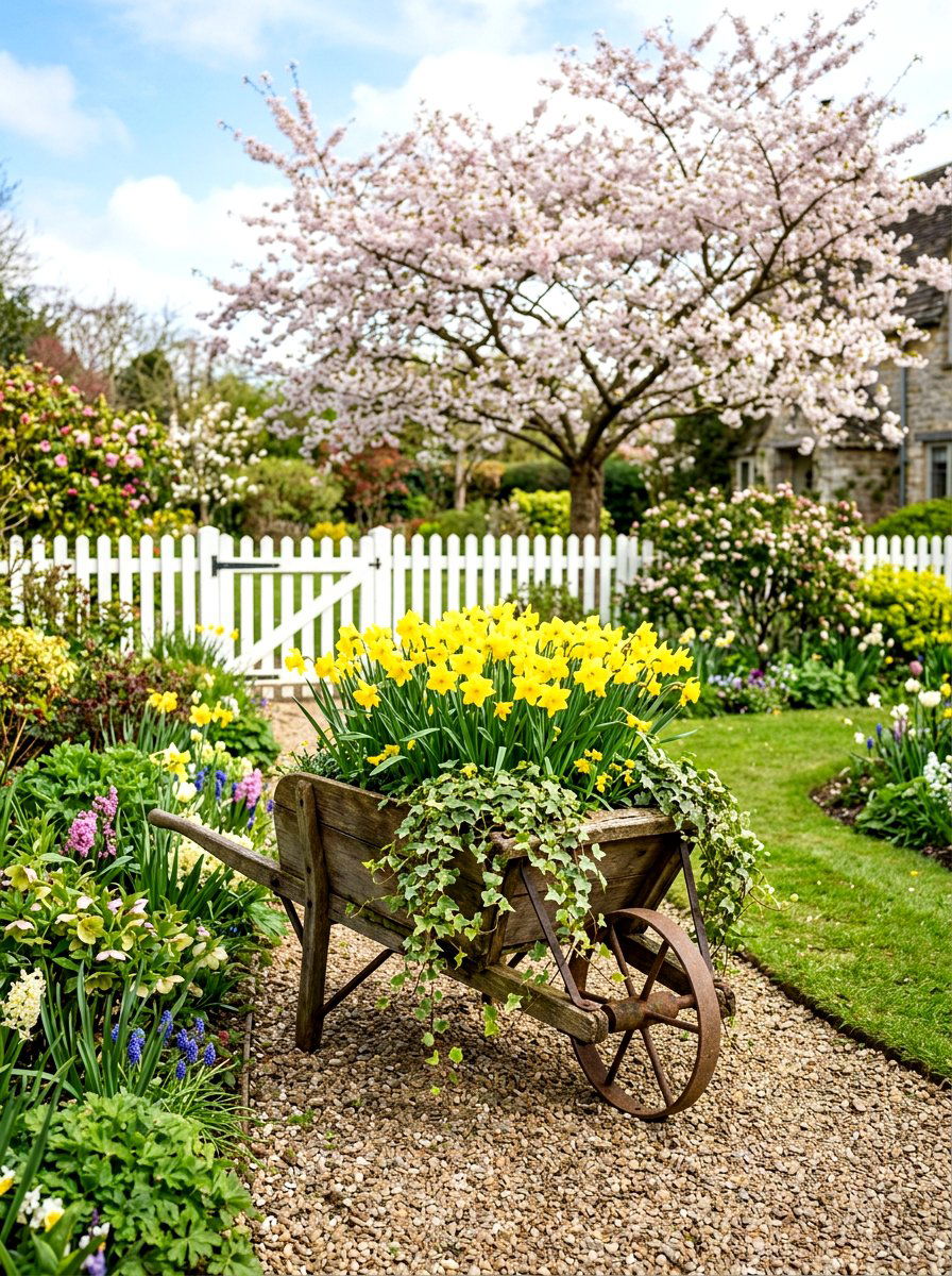 Yellow Daffodils In Wheelbarrow - 25 Spring Wheelbarrow Decor Ideas