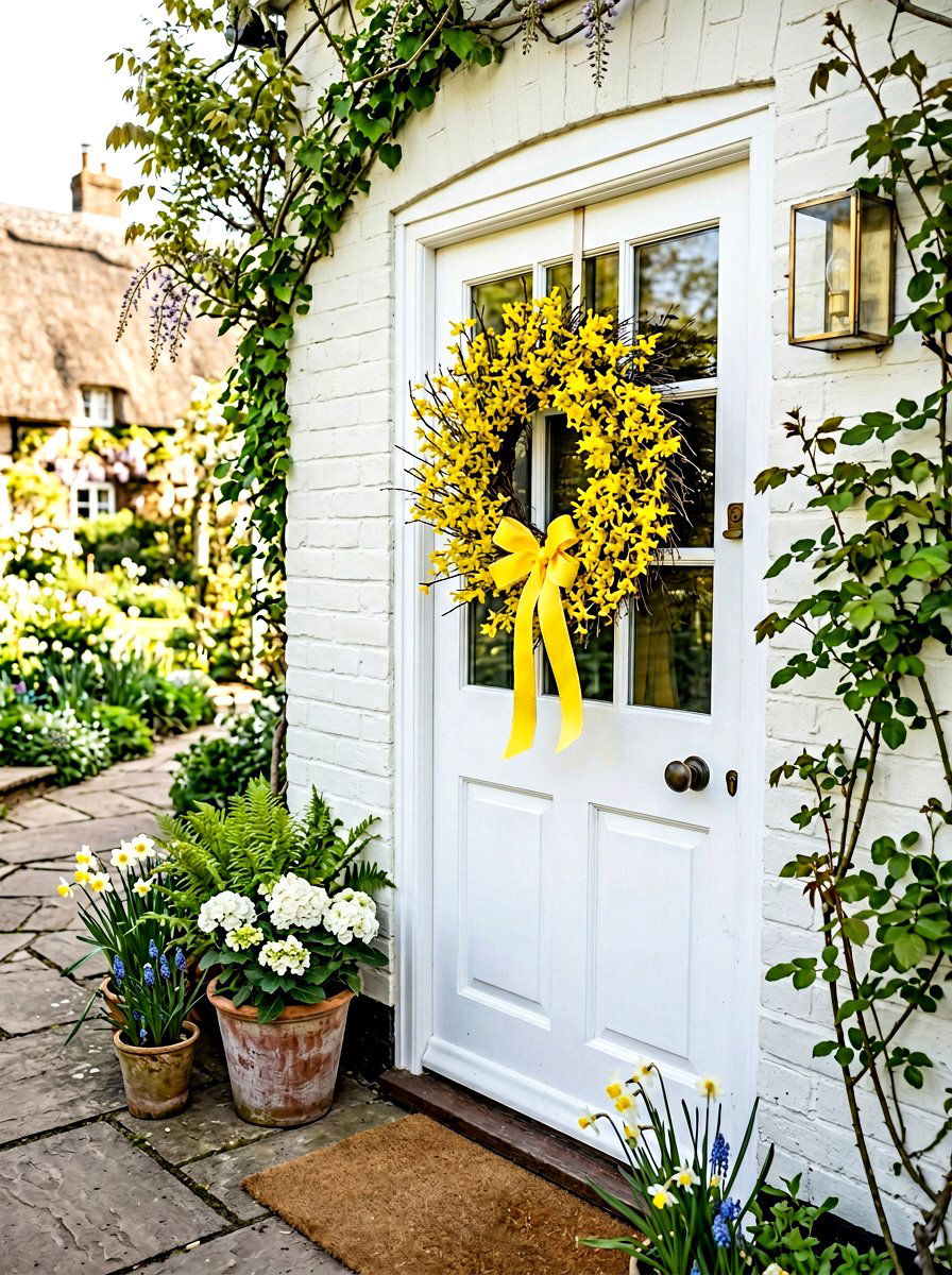 Yellow Forsythia Door Decor - 25 Spring Ribbon Wreath Ideas
