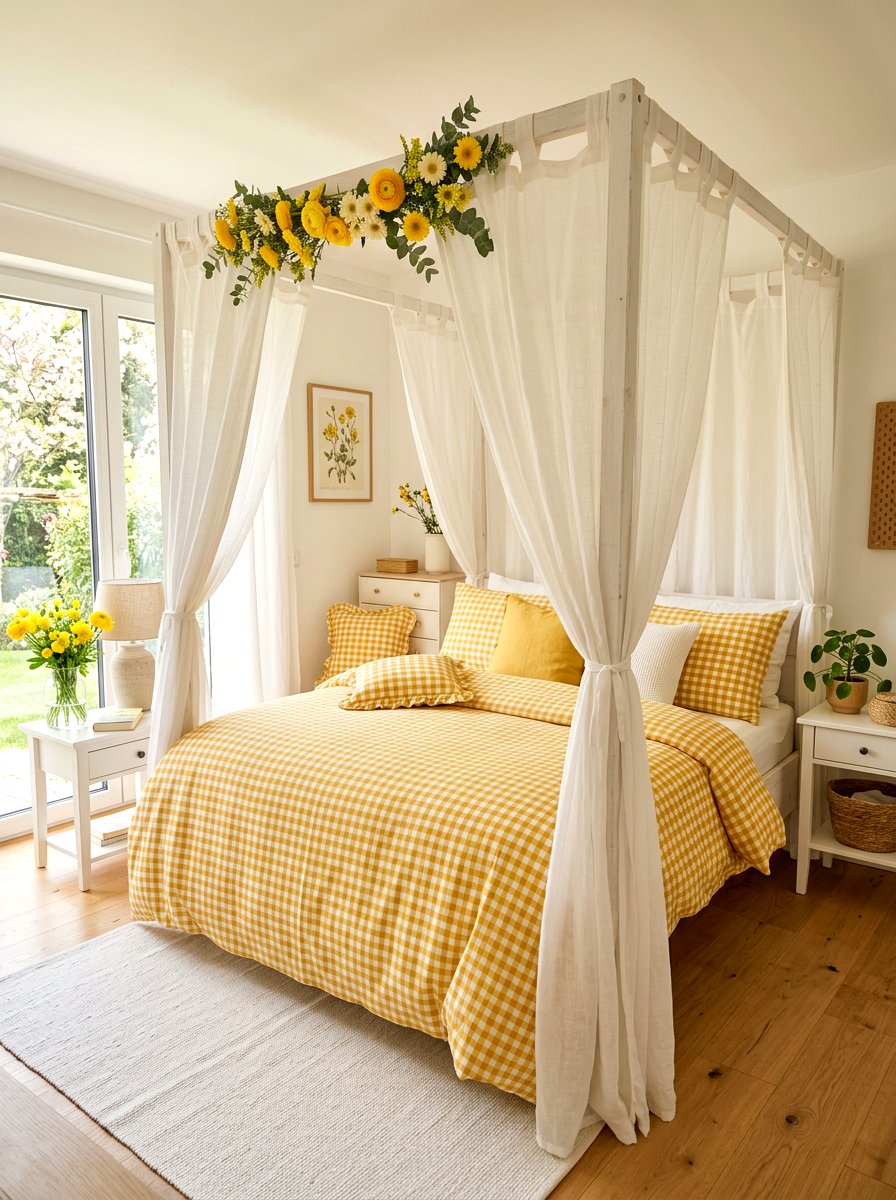 Yellow Gingham Pattern - 25 Spring Canopy Bed Decor Ideas