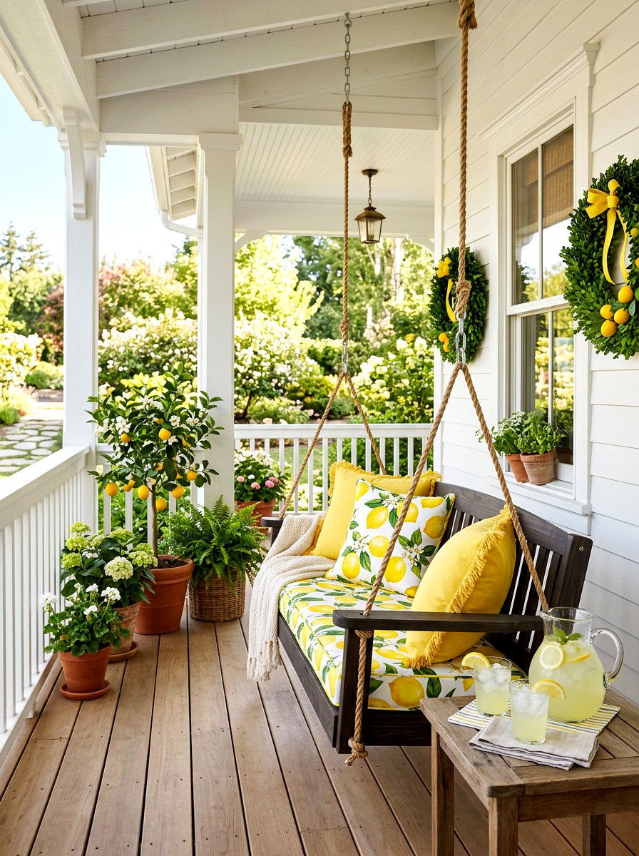 Yellow Lemon Porch - 25 Spring Porch Swing Decor Ideas