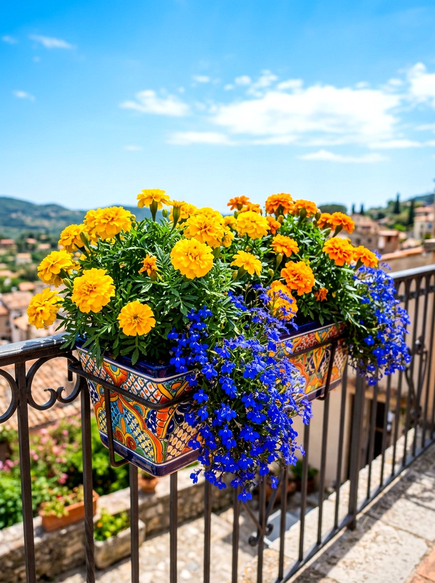 Yellow Marigolds And Lobelia - 25 Spring Balcony Flower Box Ideas