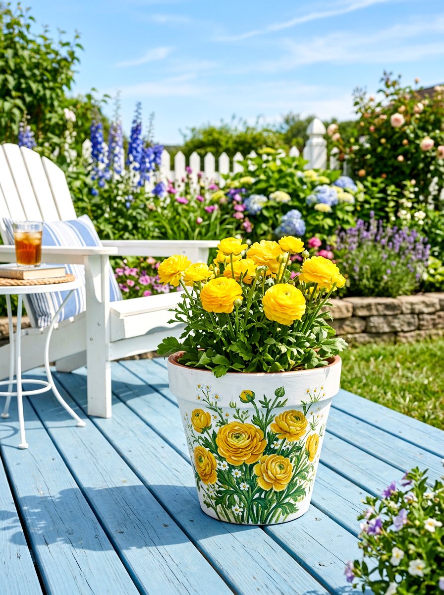 Yellow Ranunculus Painted Pot - 25 Spring Ranunculus Planter Ideas