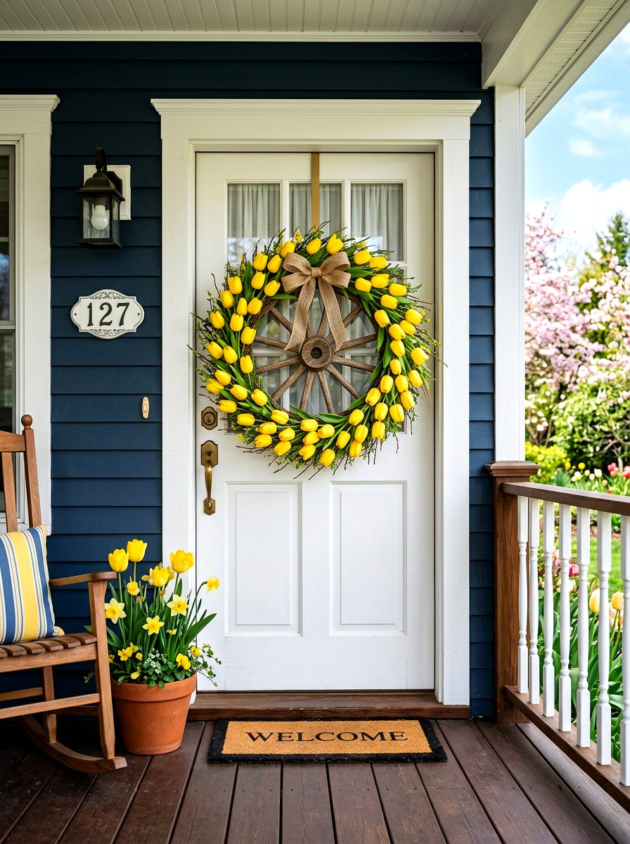Yellow Tulip Wagon Wheel - 25 Spring Wagon Wheel Wreath Ideas
