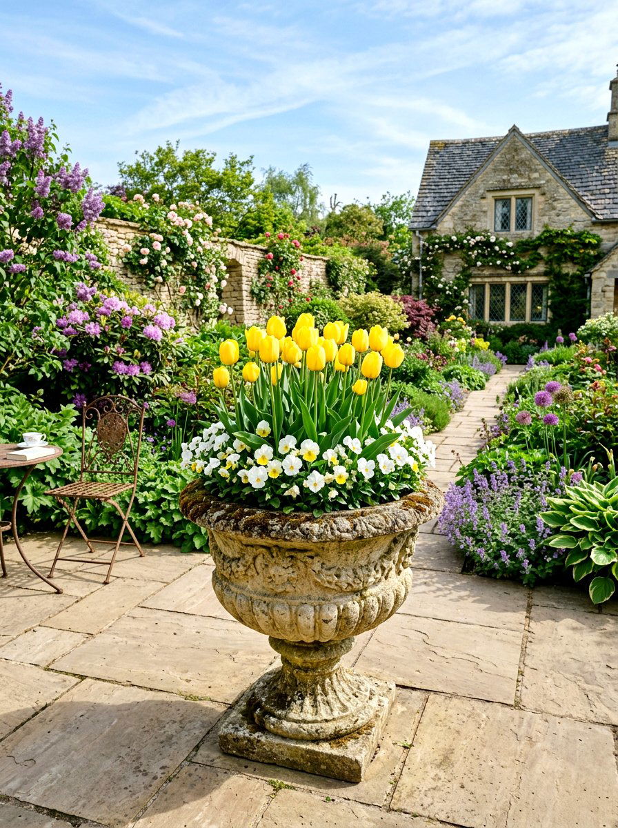 Yellow Tulips And White Pansies - 25 Spring Urn Planter Ideas