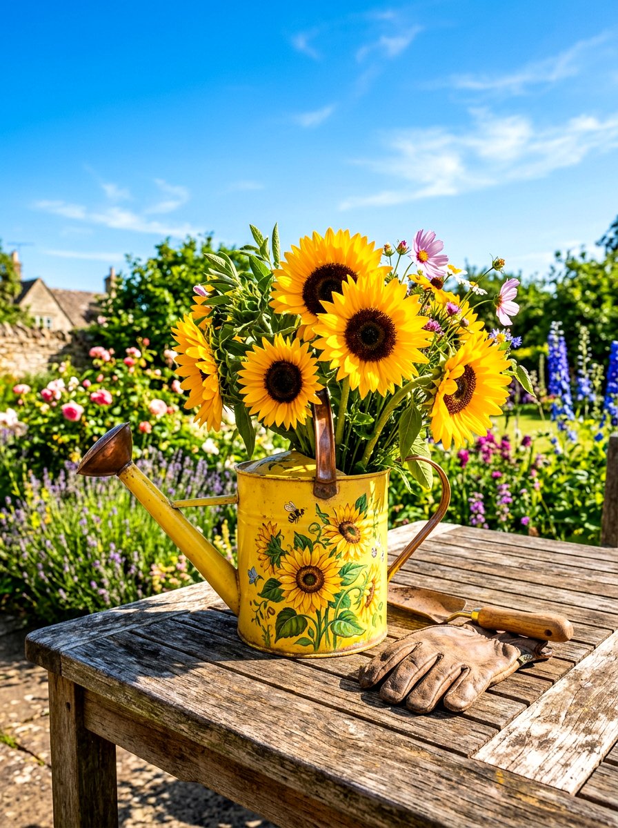 Yellow Watering Can With Sunflowers - 25 Spring Watering Can Decor Ideas