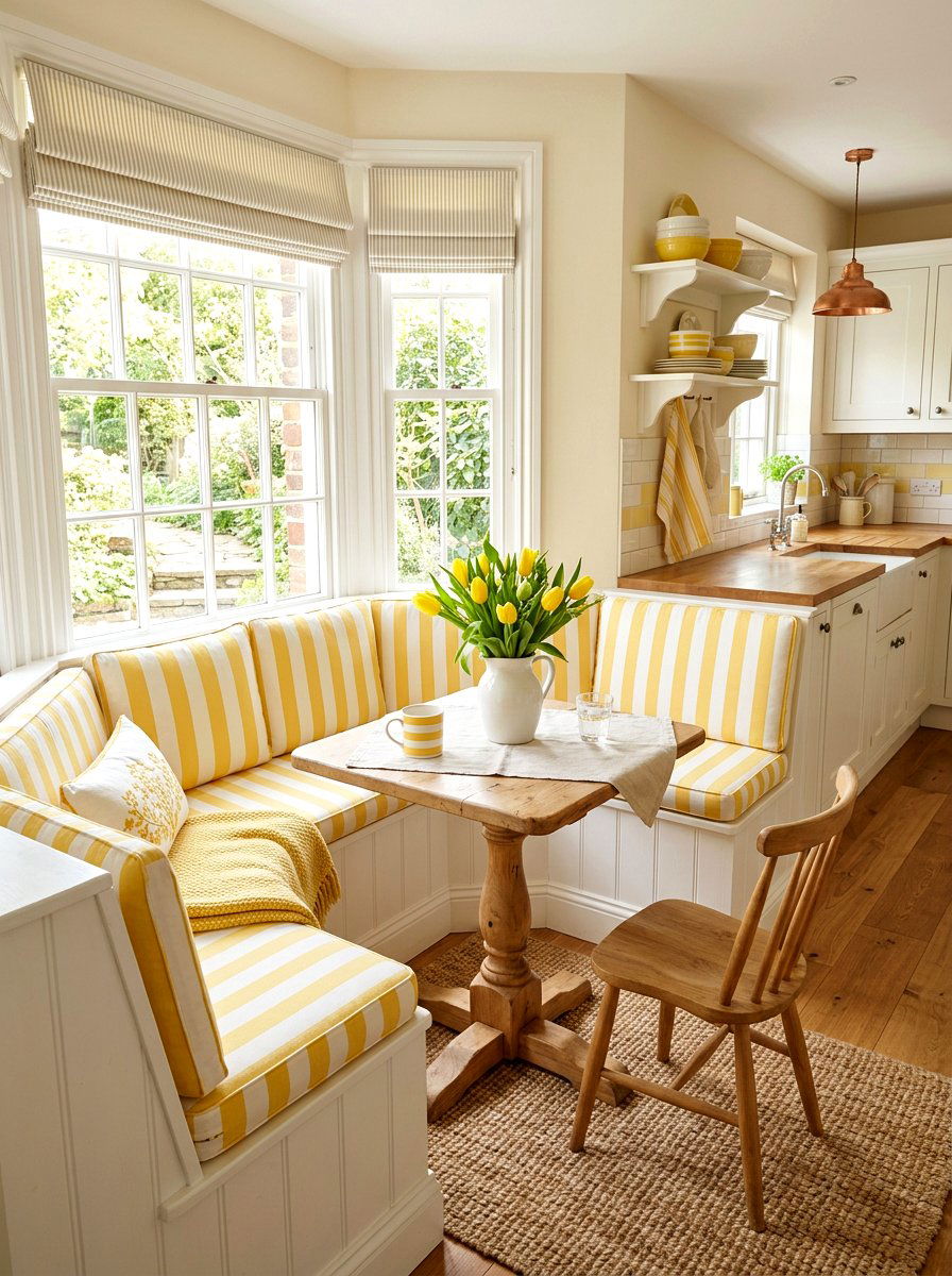 Yellow White Stripe Kitchen Nook - 25 Spring Striped Decor Ideas