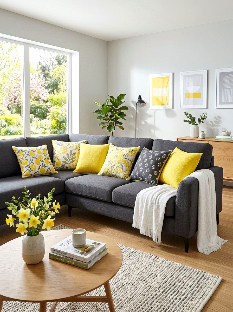 Yellow accent pillows for spring - 25 Spring Sofa Styling Ideas